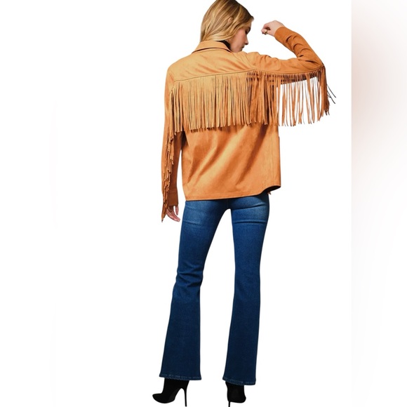 NEW Blue b Copper Brown Faux Suede Allover Back Chevron Fringe Retro Jacket S - Picture 7 of 9
